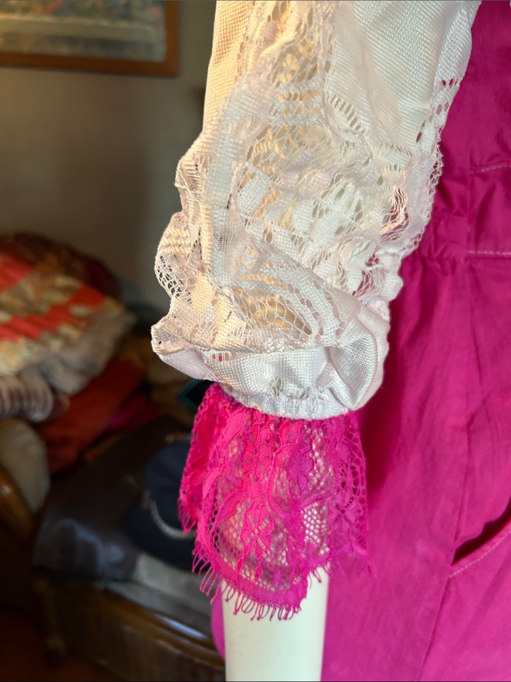 # 120  Up cycled Fringe Button-Front Shirt Dress with Lace Sleeves - Picture 8 of 11